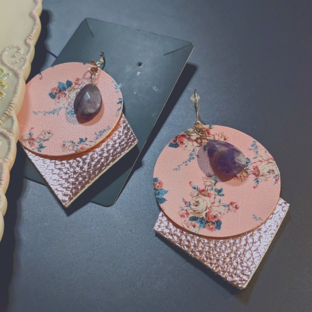 Faux Leather Pierced Earrings/Faceted Purple Ston